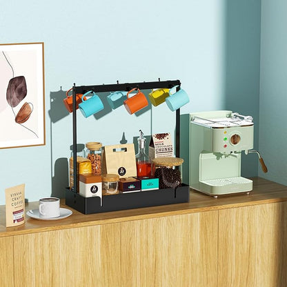 Coffee Mug Holder with Movable Hooks, 6-Mug Capacity Countertop Coffee Cup Rack with Storage Base