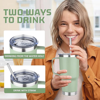 20 oz Tumbler with Handle Stainless Steel Insulated Coffee Tumbler with Lid and Straw Double Wall Vacuum Insulated Coffee Mug Leak Proof Travel Mug Tumbler for Hot and Cold Drink (Green Tea,8pack)