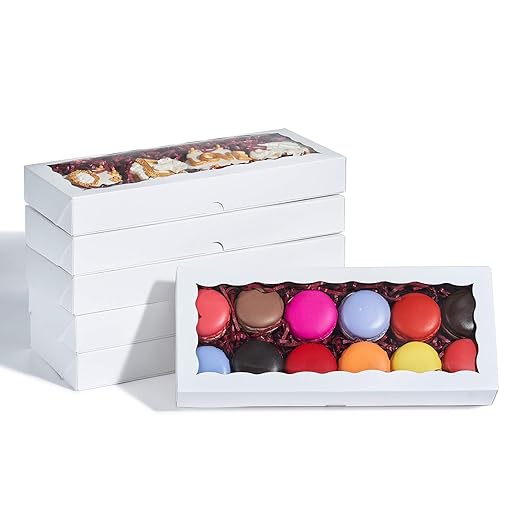 24PCS 12 x 5 x 1.5 inches Auto-Popup One Piece Premium Macaron Boxes for 12, Cookie Boxes for Gift Giving, Bakery Box for Holiday Cookie Gift Sets