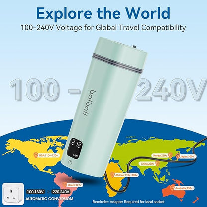 balbali Portable Tea Kettle for Travel 100-240V Dual Voltage - 6 Preset Electric Portable Water Heater for Boiling - Self Heating Cup/Thermos - 12oz Hot Water Boiler/Heater/Warmer - Green