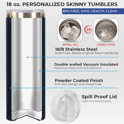 Personalized 20oz Skinny Tumbler: Engraved, Stainless Steel, Insulated, Leak-Proof Lid & Straw, Hot/Cold for Hours, Ideal for Coffee, Water, Wine, Gift for Birthdays, Weddings, Christmas, (25 designs)