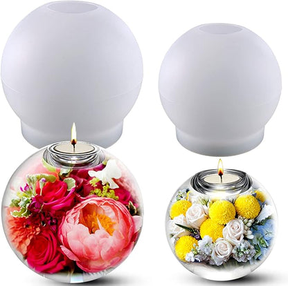2 Pcs Tealight Candle Holder Resin Molds, Set of Large + Small Sphere Candlestick Silicone Molds for DIY Round Crystals Ball Candle Vessels Craft Epoxy Casting Home Table