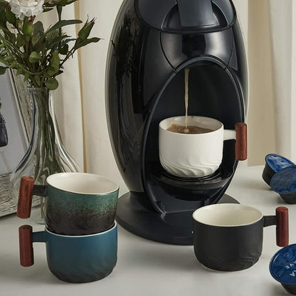 6 Oz Ceramic Espresso Mugs with Wooden Handle, Demitasse Cups for Double Shot Latte Cappuccino Lungo Tea Bag Beverage, Espresso Cups Set of 4