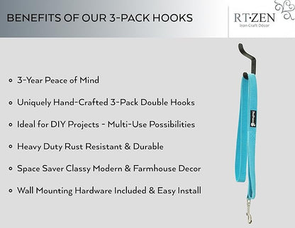 RTZEN Wall Mount Hook Set - Wrought Iron Decorative Rustic Metal Coat Hooks for Hanging - Handcrafted Classic Farmhouse Wall Mounted Black Hooks for Towel Robe or Hat Hanging - 3 Pack