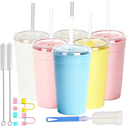Clear Tumbler Cup, 16 oz Plastic Iced Coffee Cup with Lid and Straw, 6 Pack, Reusable and Dishwasher Safe, for Gatherings and Outdoor Adventures (6, Bright Color)