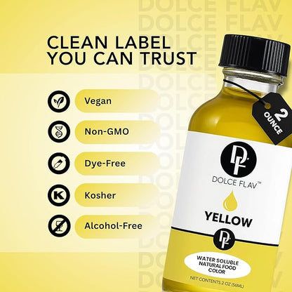 Dolce Flav Natural Yellow Food Coloring – 2 oz Bright Plant-Based Color from Curcumin | Water-Soluble Liquid Color for Baking, Drinks & Frostings | Graduated Dropper Included | | Kosher | No Artificial Dyes | Made in USA