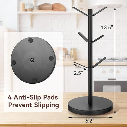 Coffee Mug Tree Holder Countertop, Non-Slip Walnut Wood Mug Rack with 6 Hooks, Coffee Cup Rack for Home Storage and Organizer (Black)