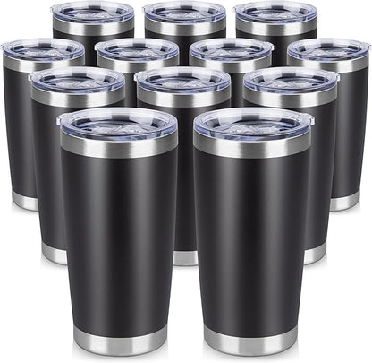 20 oz Tumbler Stainless Steel Tumblers Bulk with Lid Double Wall Insulated Coffee Tumbler Cups for Hot & Cold Drinks Powder Coated Travel Coffee Tumbler Mug Metal (Black, 12 pack)