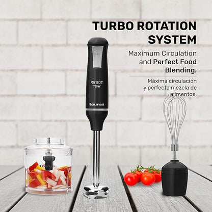 TAURUS ROBOT 500 INOX COMPLETE | Immersion Blender 500 W | Stainless Steel | Detachable Rod | Turbo Rotation System | Pulse Control | Ergonomic and Anti-Splash | Accessories included