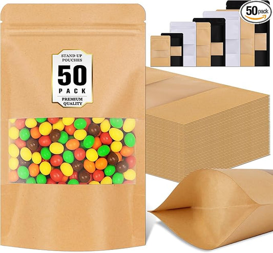 50 Pack Zip Lock Bags, Reusable Snack Bags with Window, Cookie Bags for Pastry, Herbs, Jerky, Spices, Soap, Pet, Gifts, Resealable Baggies for Small Business, Farm Stand Supplies