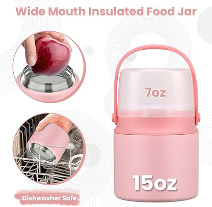2-in-1 Insulated Food Jar & Snack Container - 15oz Kids Soup Thermos for Hot Food with Handle and Spoon, Leak Proof Reusable Toddler Snack Box, Perfect for School & Travel, Pink