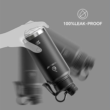 IDEUS Insulated Stainless Steel Water Bottle with 2 Leak-Proof Lids, Thermal Water Flask for Hiking Biking, 32oz, Black