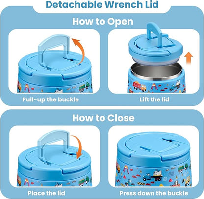 Soup Thermo for Hot Food Kids 14oz Lunch Containers with Buckle Lid Wide Mouth Hot Food Jar Vacuum Insulated Stainless Steel Bento Box Leakproof with Spoon (Truck)