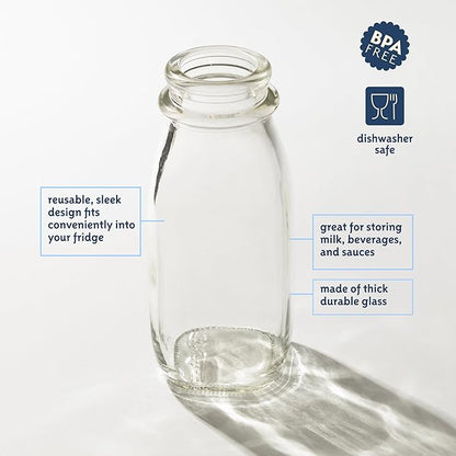 kitchentoolz 12 Oz Square Glass Milk Bottles with Lids (4 Pack) – Reusable Glass Creamer Bottles for Milk, Juice, and More – Includes Tamper-Proof Caps and One Silicone Pour Spout