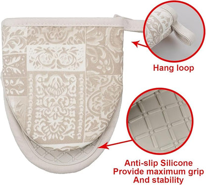 Mini Silicone Oven Mitts, Heat and Slip Resistant Kitchen Mittens 2-Pack Set, Khaki Patchwork Flower Soft Short Oven Gloves, Flexible Thick Pot Holders for Safe Cooking Baking & Grill (Khaki)