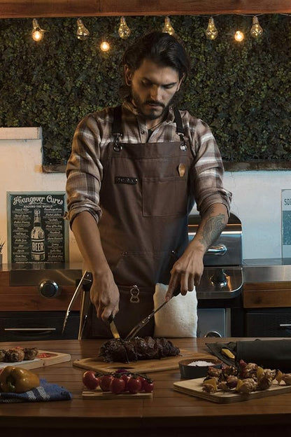 Asaya Chef and BBQ Apron with Bottle Opener and Hand Towel - 10oz Cotton Canvas, Stainless Steel Hardware - Cross Back Straps