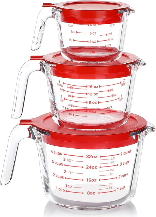 M MCIRCO 6 Pcs Glass Measuring Cups with Lids Set, 1-Cup, 2-Cup, 4-Cup Measuring Jugs with Handle, Nesting Liquid Measuring Cups for Kitchen