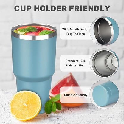 30 oz Tumbler with Lids and Straws, Stainless Steel Insulated Coffee Tumbler, Double Wall Vacuum Insulated Travel Mug Cup, Leakproof Thermal Coffee Cup for Hot and Cold Drinks (Azure Blue)