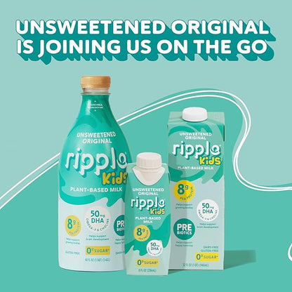 Ripple Kids Unsweetened Plant Based Milk | Pediatrician Recommended | 8g Pea Protein | Shelf Stable | Vegan & Non GMO Certififed | Dairy, Soy, Nut, Gluten, and Lactose Free | 8 Fl Oz (Pack of 12)