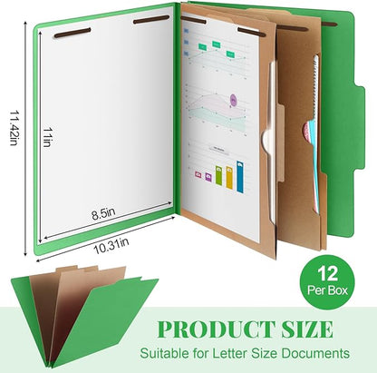 12 Pcs Classification Folders Letter Size, Back to School Supply for Teacher, Student, 2 Pocket Dividers Pressboard File Folder Bulk with 2 Fasteners, 2 in Expanding File Organizer (Green)