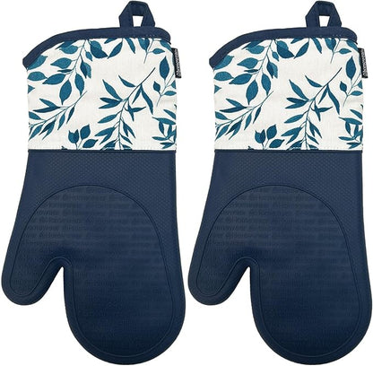 Delaney Silicone Oven Mitts Set - Extra Long, Heat Resistant Kitchen Gloves, Non-Slip Holders for BBQ, Baking, Cooking Essentials, Indigo Vines, Kitchen Decor, Oven Gloves, New Home Gifts