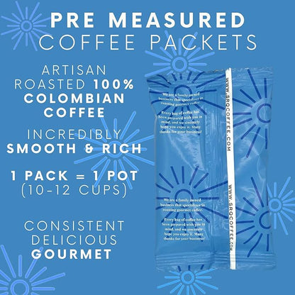 SARASOTA COFFEE & TEA CO. Packets, Pre Ground Coffee Packs, Premium 100Percent Colombian Medium Roast, Bulk Single Pot Bags for Drip Coffee Makers, (2 oz Bags, Pack of 36)