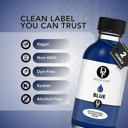 Dolce Flav Natural Blue Food Coloring – 2 oz Vibrant Plant-Based Color from Spirulina | Water-Soluble Liquid Dye for Baking, Drinks & Frostings | Graduated Dropper Included | No Artificial Dyes | Kosher | Made in USA