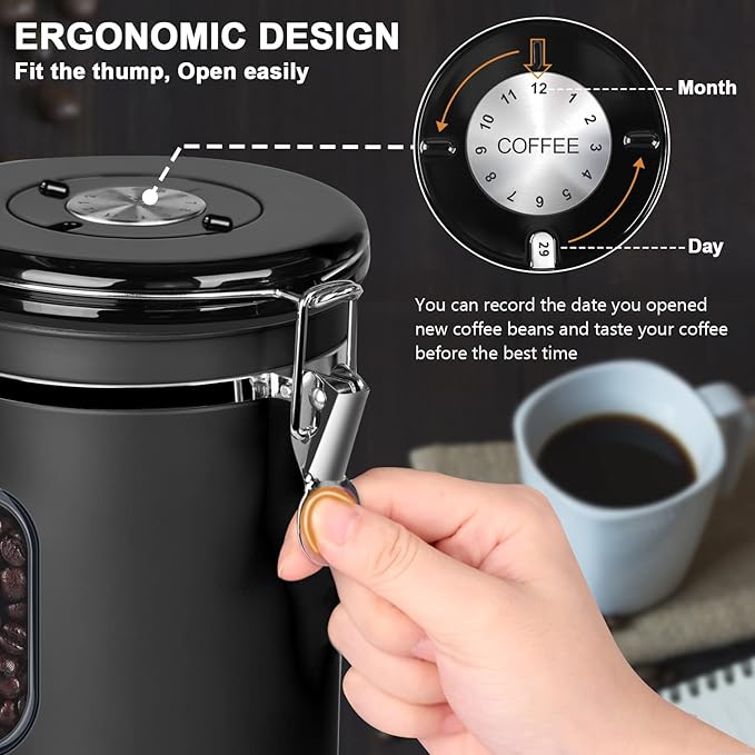 ROCKY&CHAO 2800ML Coffee Canister with Date Tracker&Transparent Window, 35OZ Coffee Container with 30ML Measure Spoon&4 co2 Valve, Coffee Bean Storage Container for Grounds Coffee, Beans, Tea(Black)