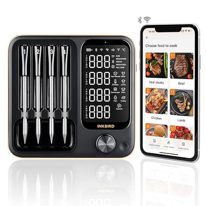 Wireless Meat Thermometer with 4 Probes, Inkbird Wifi BluetoothThermometer Digital Wireless for Rotisserie Grill Oven,Unlimited Range Dishwasher Waterproof Bluetooth Meat Thermometer for iOS & Android