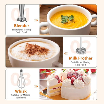 KOIOS Immersion Blender, 1000W Anti-scratch 3-in-1 Hand Blender, Upgraded 12 Speed Stainless Steel Blade Stick Blenders with Turbo Mode, Whisk and Milk Frother, Non-BPA