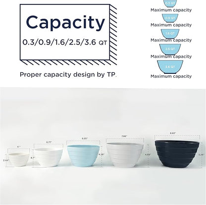 TP Mixing Bowls with Lids, 10-Piece Nesting Melamine Bowls Set for Prepping Serving Baking Cooking, Non Slip Bottom, Set of 5, Blue and White