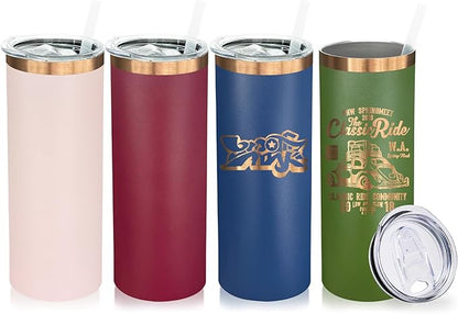 20 oz Skinny Tumblers Bulk 4 Pack, Stainless Steel Insulated Tumbler with Lids and Straws, Slim Double Wall Powder Coated Travel Coffee Mugs Reusable Cup for Hot Cold Drinks (Mixed,4 pack)