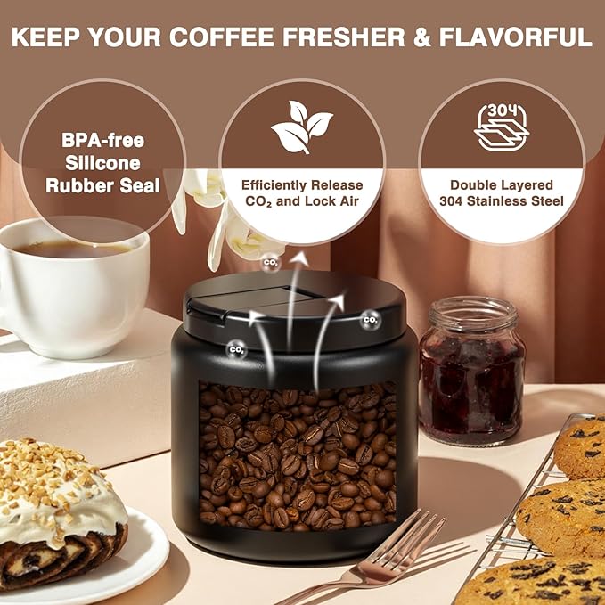 Coffee Canister, Premium Large Stainless Steel Insulated Vacuum Coffee Bean Storage Container Travel Jar, Kitchen Food Airtight Coffee Grounds Container for Tea, Sugar, Flour (26oz-Black)