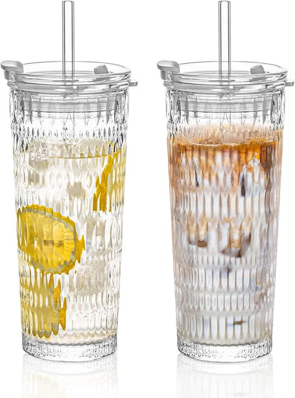 KEMORELA 18oz Glass Tumbler Set of 2 with Straw and Lid – Durable, Leak-Proof, Wide-Mouth Design – Perfect for Iced Beverages, Smoothies, and Daily Hydration Needs