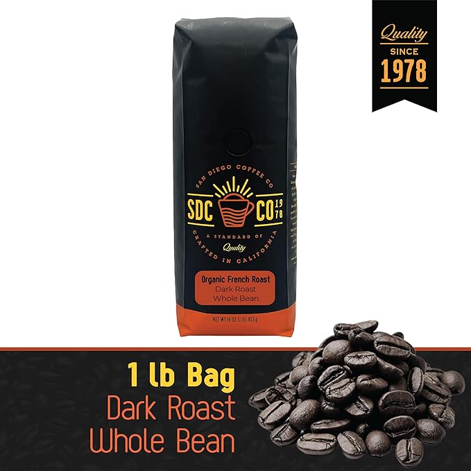San Diego Coffee Organic French Roast, Dark Roast, Whole Bean Coffee, 16-Ounce Bag Café en grano tostado