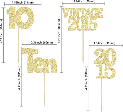 Gyufise 24Pcs Double Digits 10 Cupcake Toppers Glitter Ten Vintage 2015 10th Birthday Cupcake Picks Hello 10 Years Birthday Cake Decorations for Happy 10th Birthday Anniversary Party Supplies Gold