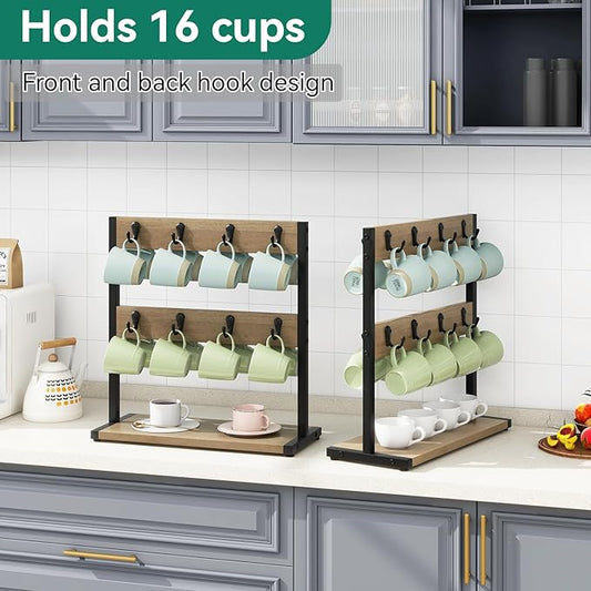 IBUYKE Wood Coffee Mug Holder for Countertop,16 Hook Mug Tree Holder Rack with Storage Base,Mug Display Organizer,Mug Holders for Home Kitchen,Greige UTBJ001Y
