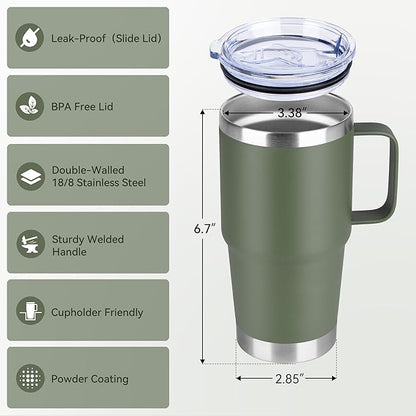 HASLE OUTFITTERS 20oz Tumbler with Lid, Stainless Steel Tumbler with Handle, Metal Insulated Travel Coffee Mug with Handle, Double Wall Vacuum Spill Proof Tumbler Cup, Amy Green 1 Pack