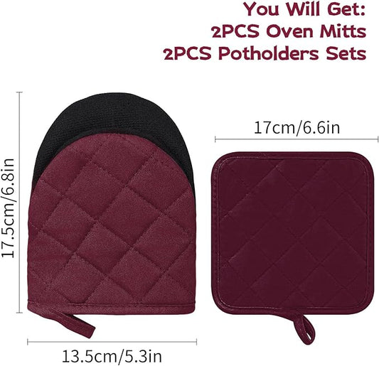 Oven Mitts and Pot Holders Set, Pack of 4, Heat Resistant Silicone Kitchen Mini Oven Mittens for 500 Degrees, Mini Oven Gloves and Hot Pads for Baking Grilling Barbecue Microwave Machine Washable