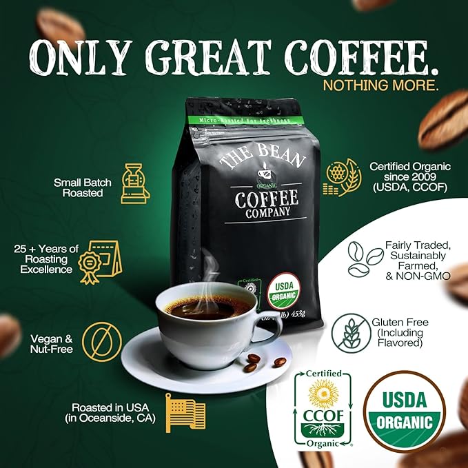 The Bean Organic Coffee Company Christmas Roast, Dark Roast, Ground Coffee, 16-Ounce Bags (Pack of 2),Café molido tostado organico