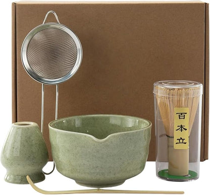 Ceremonial Grade Matcha Whisk Set 5-Piece - Premium Bamboo Chasen & Bowl (17oz) with Spout, Scoop, Stainless Sifter | Spill-Proof Travel Kit & Gift for Matcha Enthusiasts
