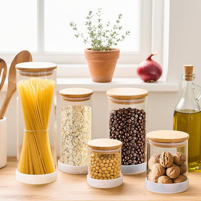 Glass Storage Containers with Bamboo Lids – 7 Pack Airtight Clear Glass Jars in Mixed Sizes (17oz/25oz/34oz/53oz/73oz) for Pantry Organization, Kitchen Dry Food, Coffee, Flour, Pasta & Snacks