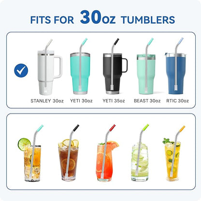 Reusable Stainless Steel Straws with Silicone Tip for Stanley 30oz, Metal Drinking Straws for 30oz Tumbler,3 Bent Tubes & 6 Tips& 1 Cleanr Brush (Iris)