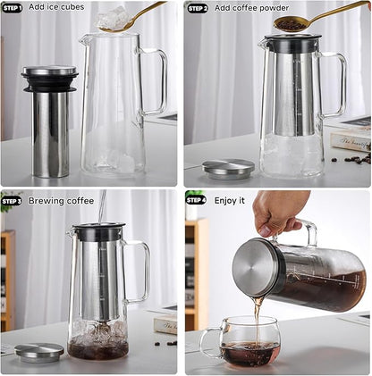 Cold Brew Coffee Maker Borosilicate Glass with 304 Stainless Steel Filter, Tea Infuser Ice Cold Brew Pitcher Kitchen, with Spout Kitchen Iced (34oz (1.0 L))