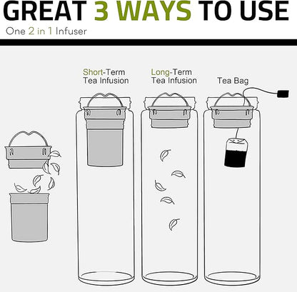 Tea Tumbler with Infuser, 20oz Double Wall Borosilicate Glass Tea Bottle, 100% Leak-Proof with Stainless Steel Filter