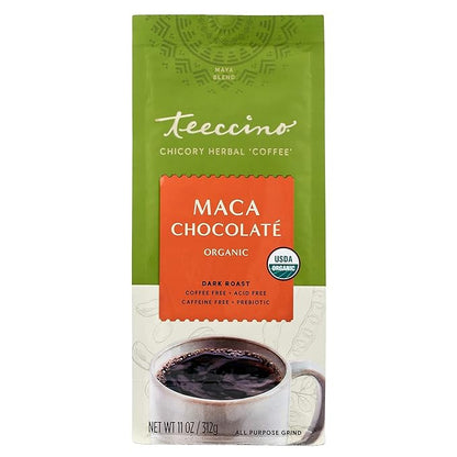 Teeccino Maca Chocolaté Chicory Coffee Alternative - Ground Herbal Coffee That’s Prebiotic, Caffeine Free & Acid Free, Dark Roast, 11 Ounce (Pack of 6)
