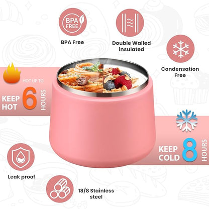 Soup Thermo for Hot Food Kids 14oz Lunch Containers with Buckle Lid Wide Mouth Hot Food Jar Vacuum Insulated Stainless Steel Bento Box Leakproof with Spoon (Dark Pink)