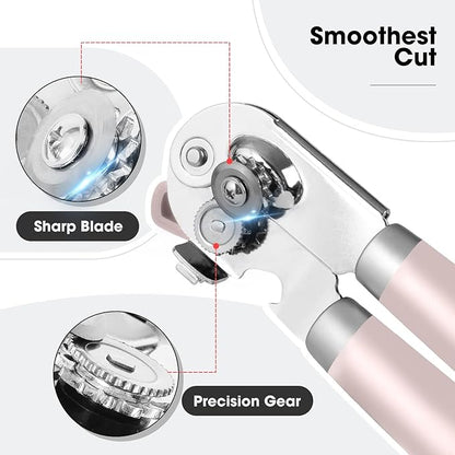 Beneno Can Opener Manual with Magnet, Hand Held Heavy Duty Can Opener with Durable Sharp Blade Smooth Edge, Big Effort-Saving Knob, Soft Grip Rubber Handle, Multifunctional Bottle Opener, Light Pink