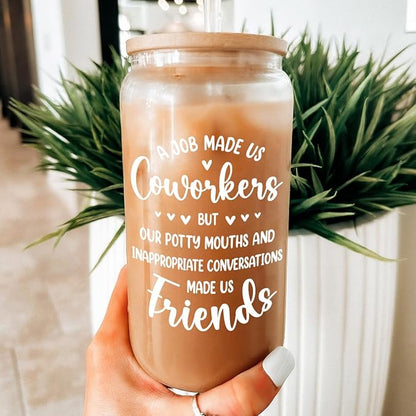 Coworker Gift for Women - 16oz Can Glass Coffee Cup - Funny Work Bestie Gift - Farewell Going Away Present for Female Colleagues and Friends