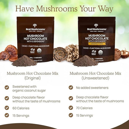 Real Mushrooms Organic Hot Chocolate Mix with Reishi, Turkey Tail, Chaga, Shiitake, Maitake – Cacao Powder Organic Mushroom– 5 Defenders Mushroom Cacao Powder, Vegan, Gluten-Free, 15 Servings